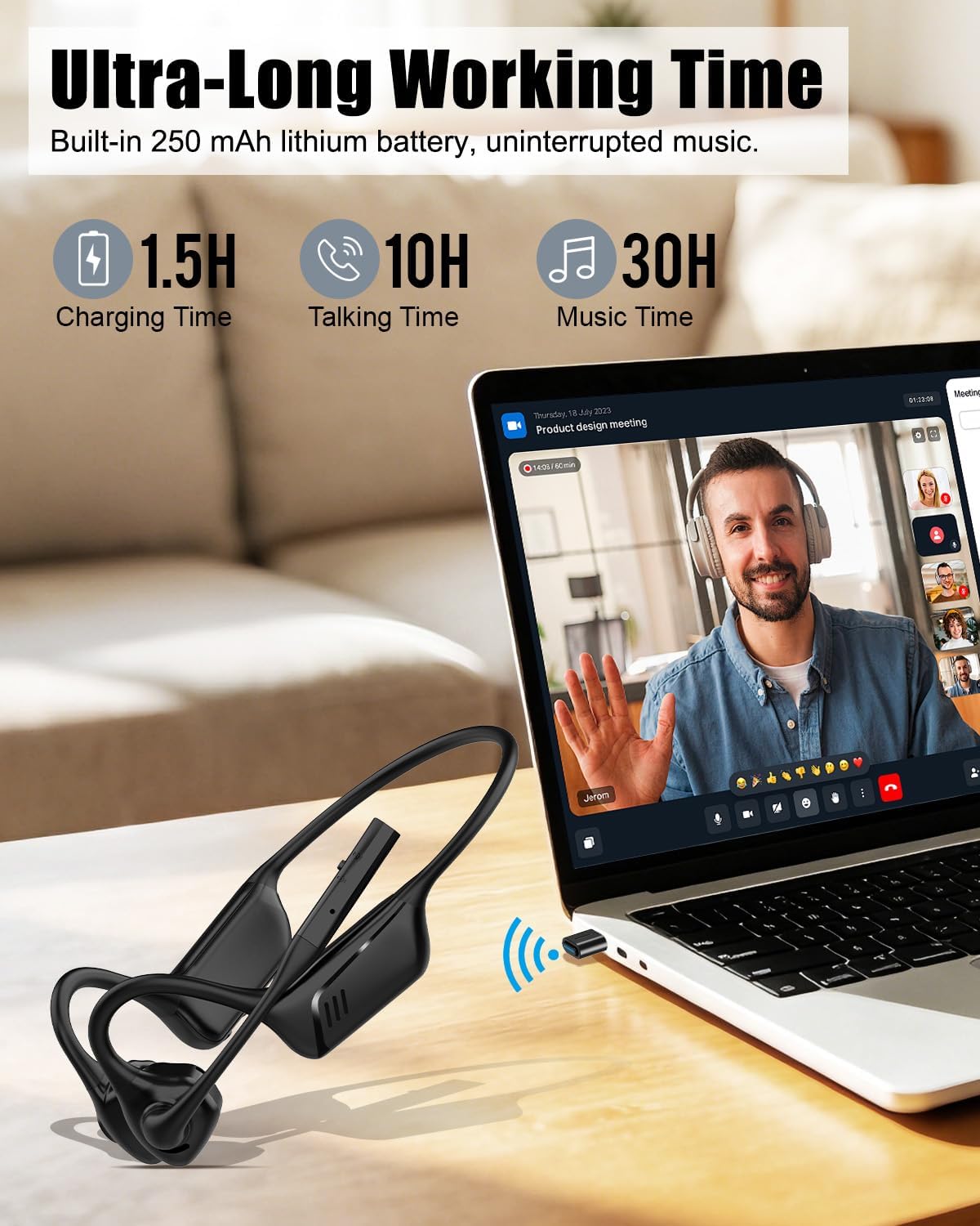 Open Ear Headphones with Mic, Bluetooth 5.1 Headset, USB A&C Dongle, Lightweight Design, ENC Noise Canceling, Mute Button, AptX-LL Wireless Headset for Online Teaching/Meeting/Call Center/Gaming