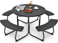 Tangkula 8 Person Picnic Table, Outdoor Round Picnic Table with 4 Built-in Benches, Umbrella Hole, Metal Frame & HDPE Tabletop, Outside Table and Bench Set for Backyard, 2300lbs Weight Capacity