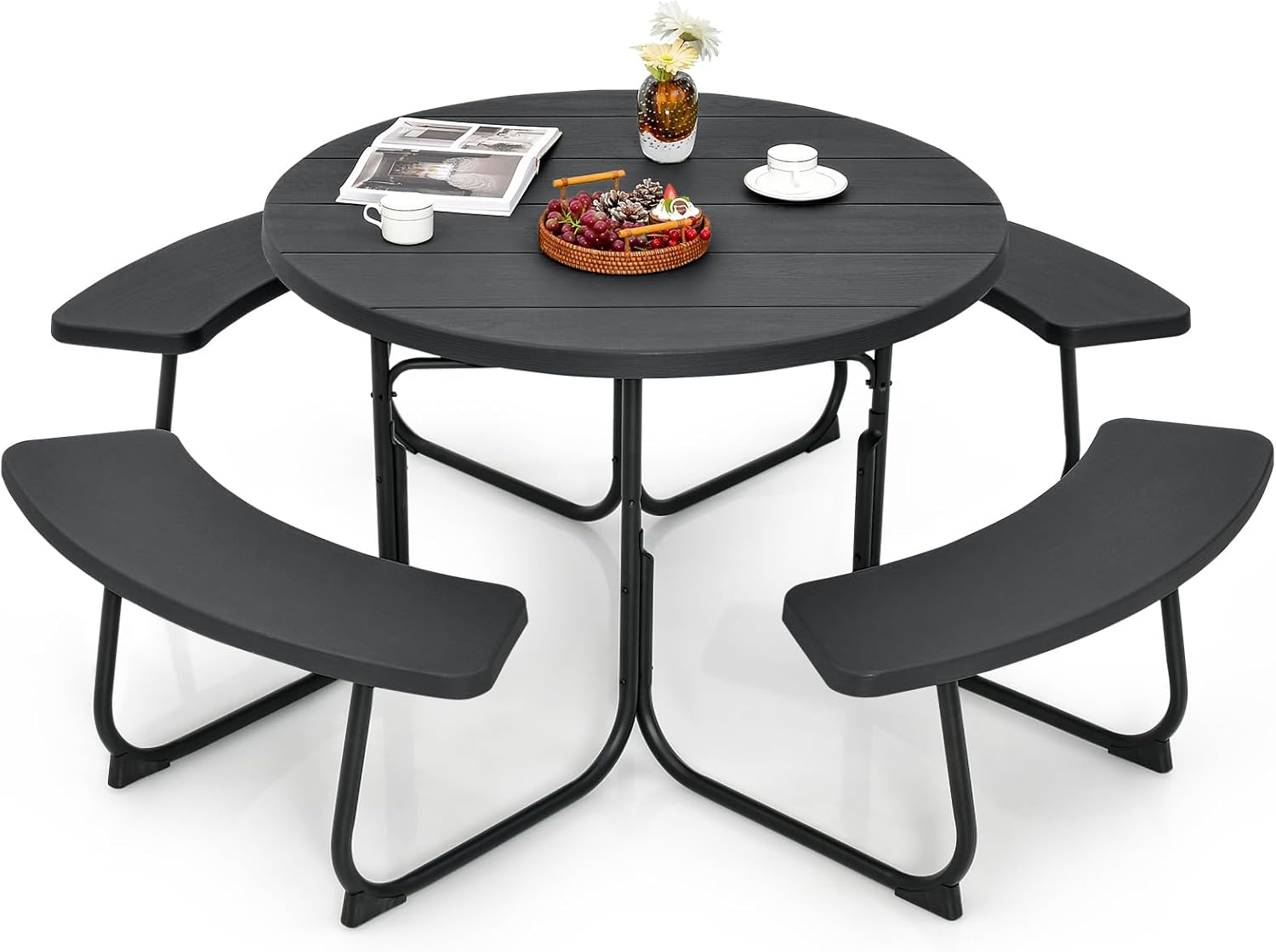 Tangkula 8 Person Picnic Table, Outdoor Round Picnic Table with 4 Built-in Benches, Umbrella Hole, Metal Frame & HDPE Tabletop, Outside Table and Bench Set for Backyard, 2300lbs Weight Capacity